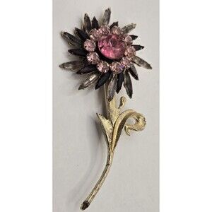 Vintage Signed Judy Lee Large Rhinestone Flower with Stem Brooch Pin Gold Tone